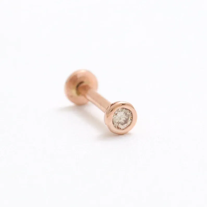 Cognac Diamond Round Bezel 14K Solid Gold Ear Tragus, Cartilage, Conch, Helix, Lobe Internally Threaded Flat Back Labret Earring