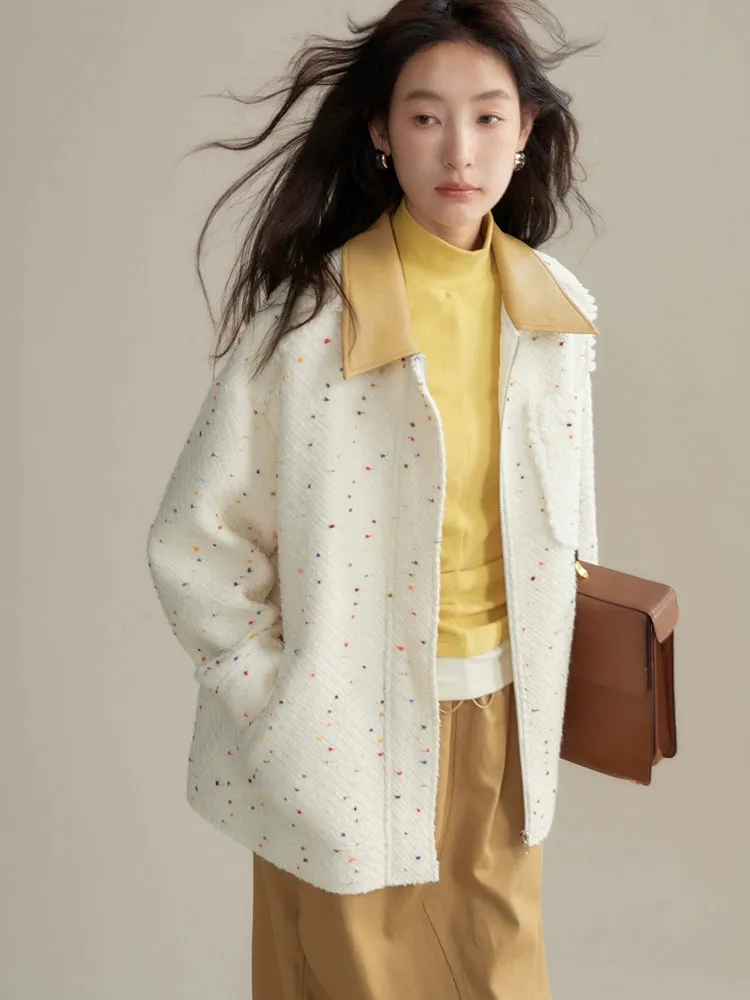 Colorful Dots PU Leather Collar Tweed Taste Jacket