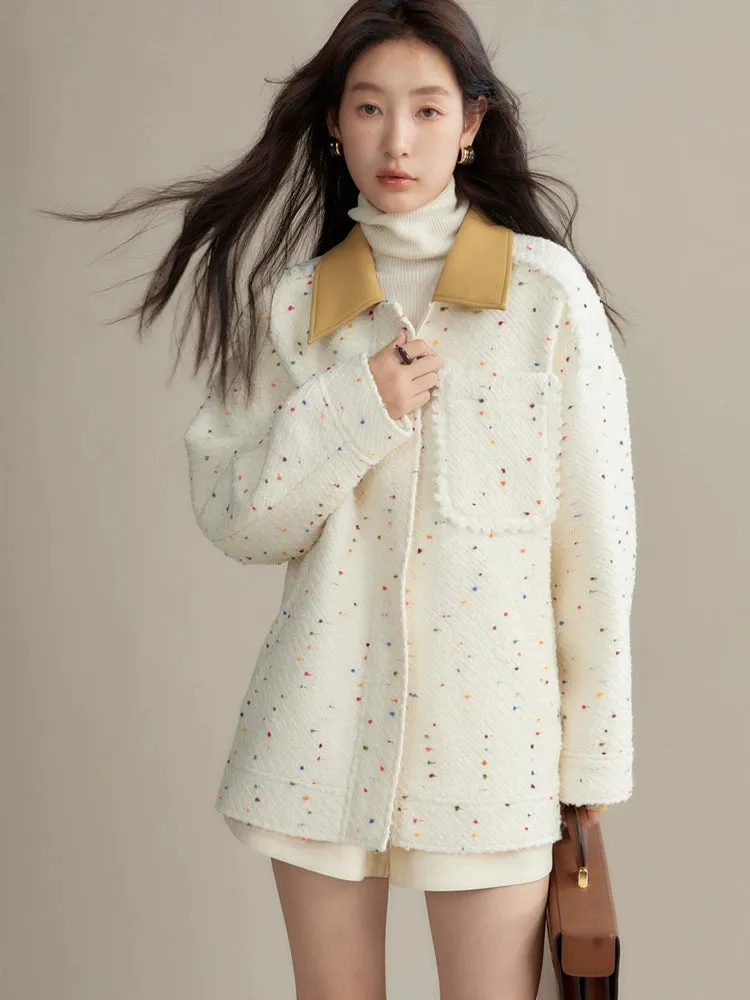 Colorful Dots PU Leather Collar Tweed Taste Jacket