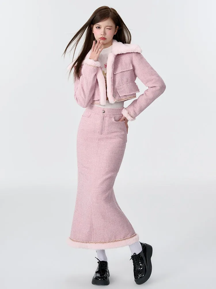 Contrast Color Fur Collar Tweed Padded Jacket & Skirt