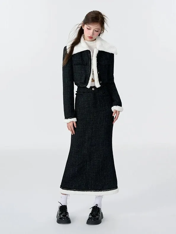 Contrast Color Fur Collar Tweed Padded Jacket & Skirt