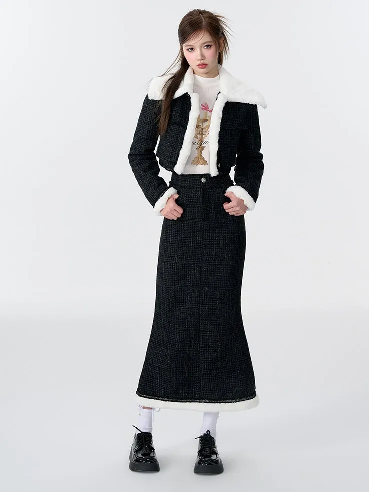 Contrast Color Fur Collar Tweed Padded Jacket & Skirt