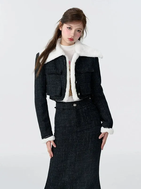 Contrast Color Fur Collar Tweed Padded Jacket & Skirt