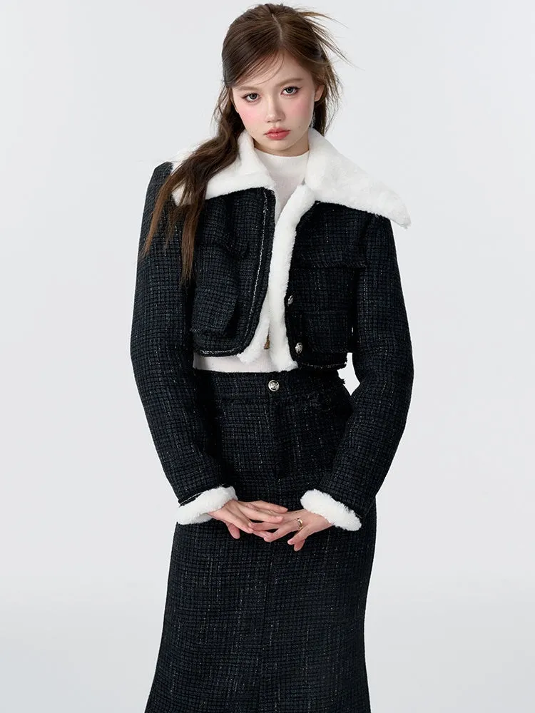 Contrast Color Fur Collar Tweed Padded Jacket & Skirt