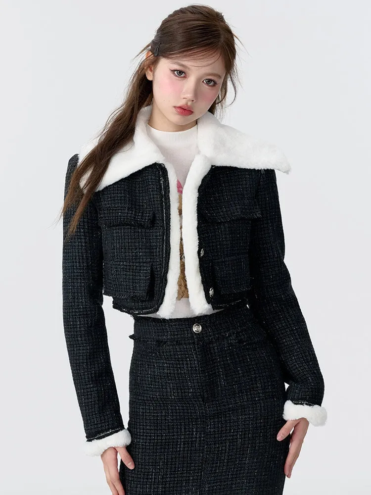 Contrast Color Fur Collar Tweed Padded Jacket & Skirt