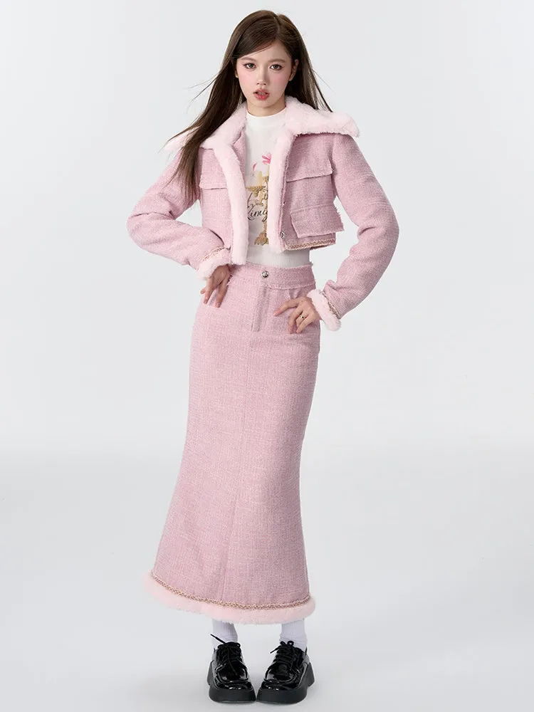 Contrast Color Fur Collar Tweed Padded Jacket & Skirt