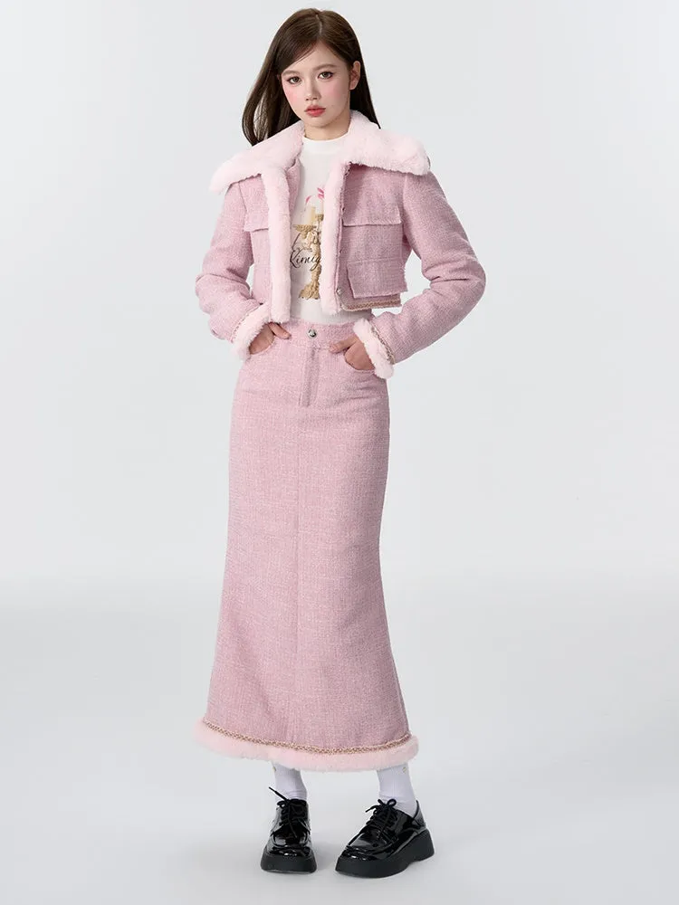 Contrast Color Fur Collar Tweed Padded Jacket & Skirt