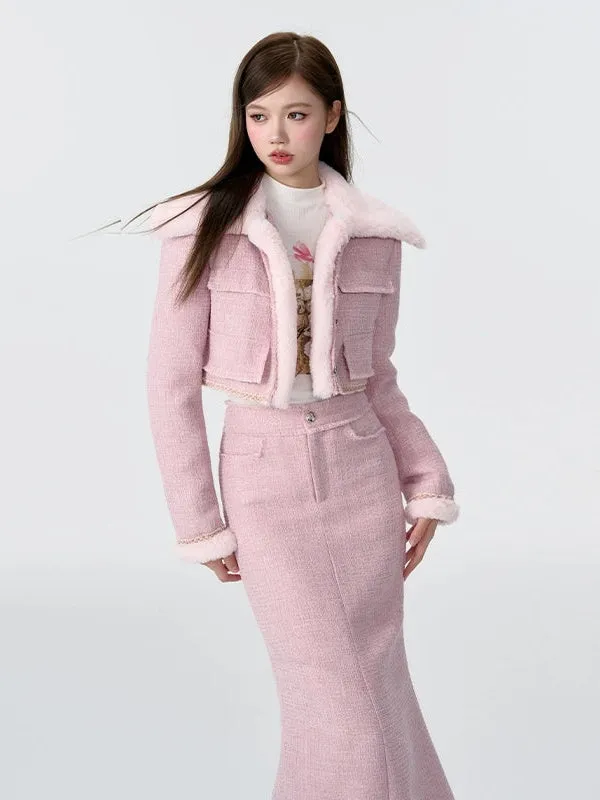 Contrast Color Fur Collar Tweed Padded Jacket & Skirt