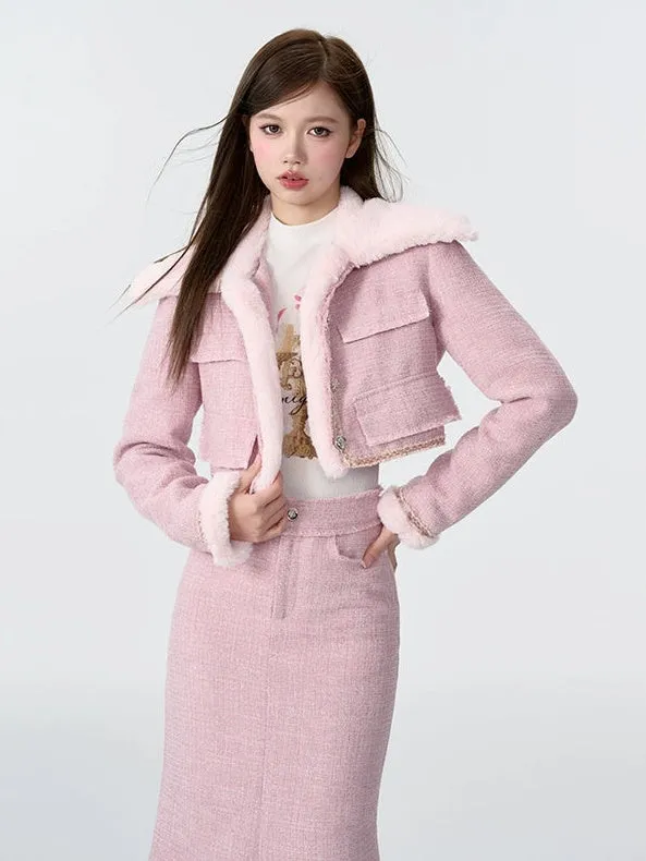 Contrast Color Fur Collar Tweed Padded Jacket & Skirt