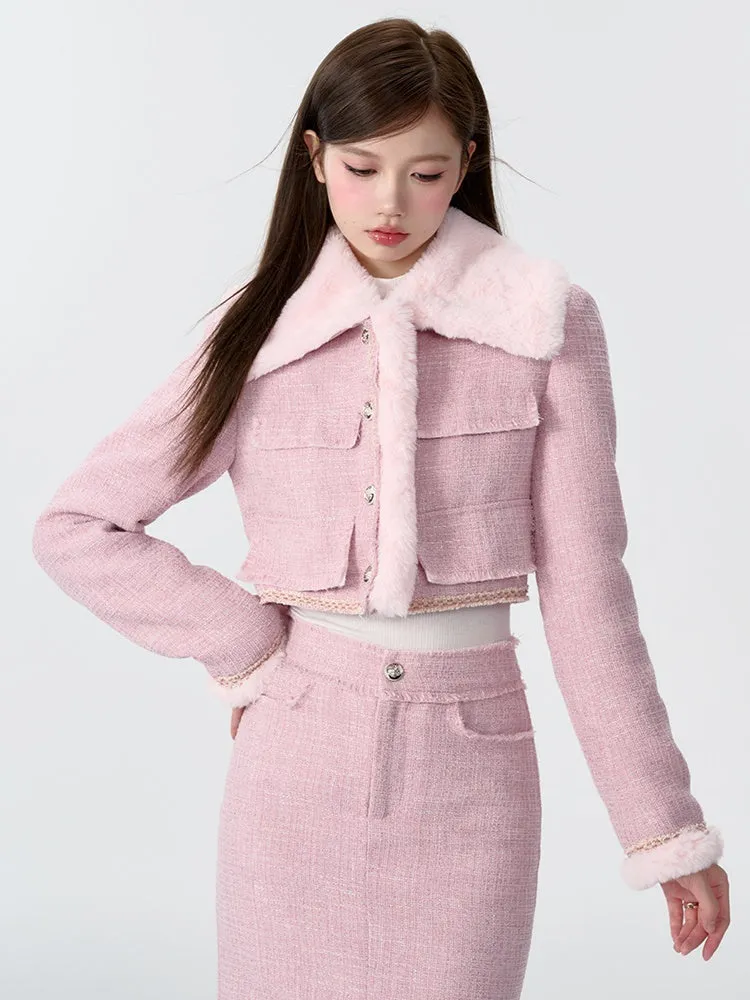 Contrast Color Fur Collar Tweed Padded Jacket & Skirt