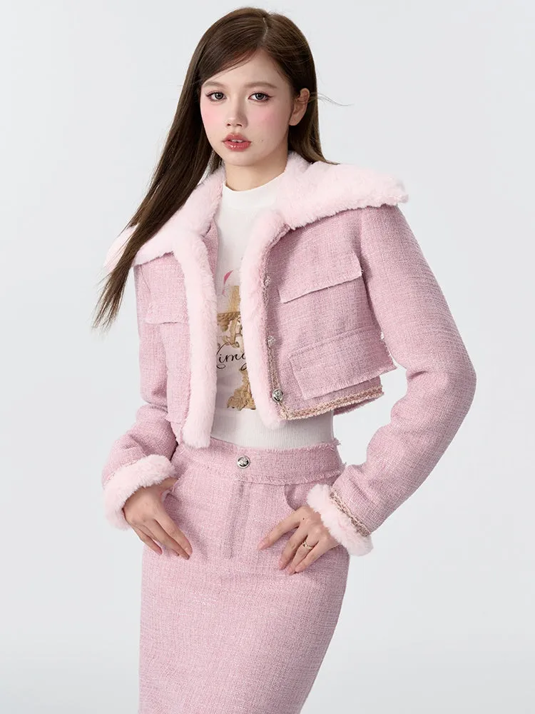 Contrast Color Fur Collar Tweed Padded Jacket & Skirt