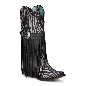 Corral Women's Zebra Print Harness Western Boot with Studs & Fringe