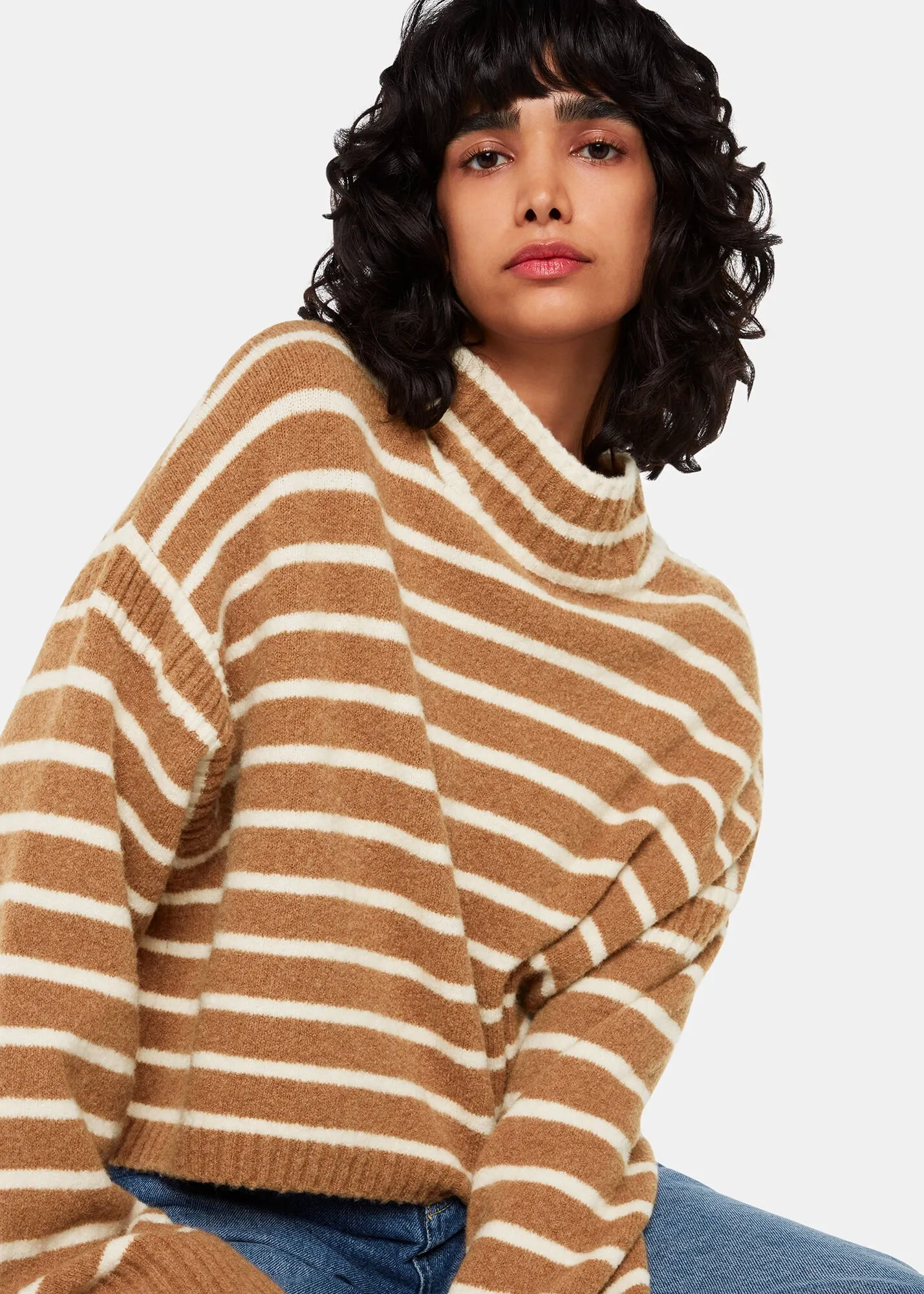 Cream Stripe Rib Detail Funnel Knit