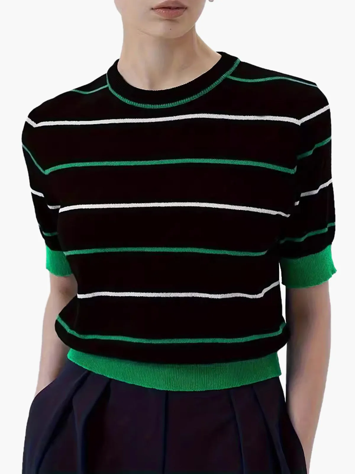 Crew Neck Striped Knit Top