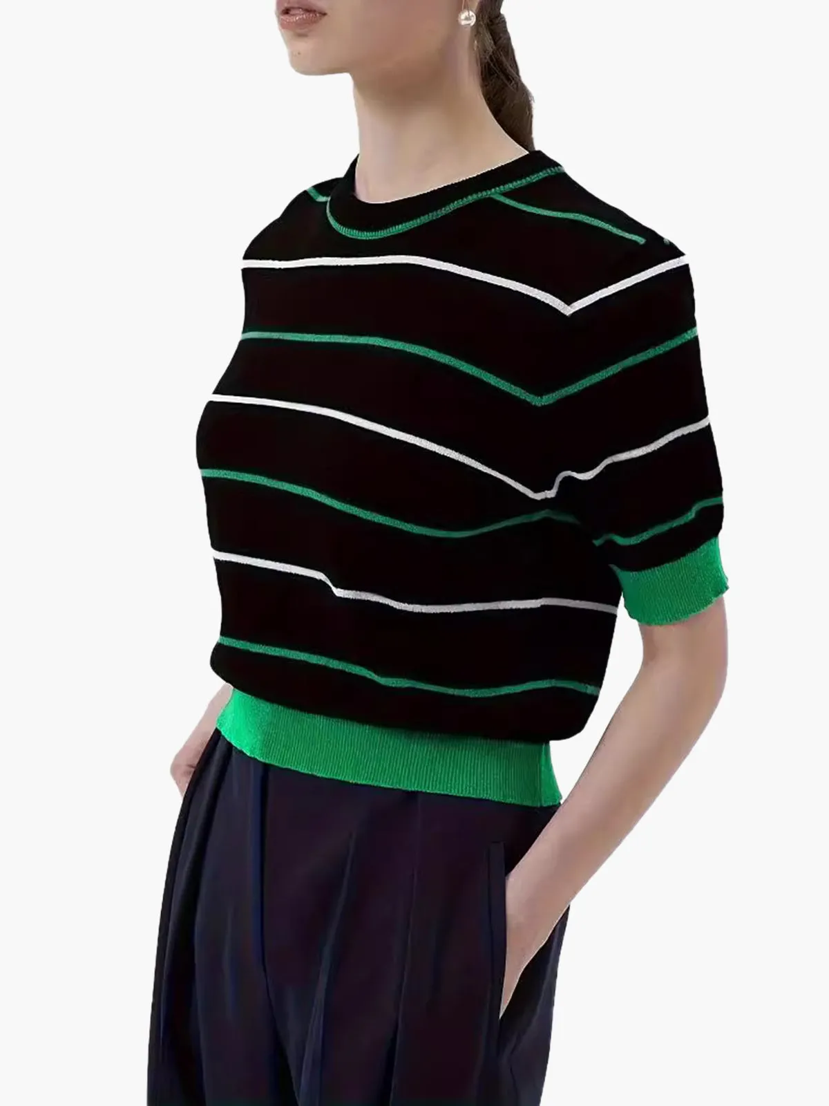 Crew Neck Striped Knit Top