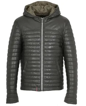 Men's Dark Khaki Leather Down Jacket 61814