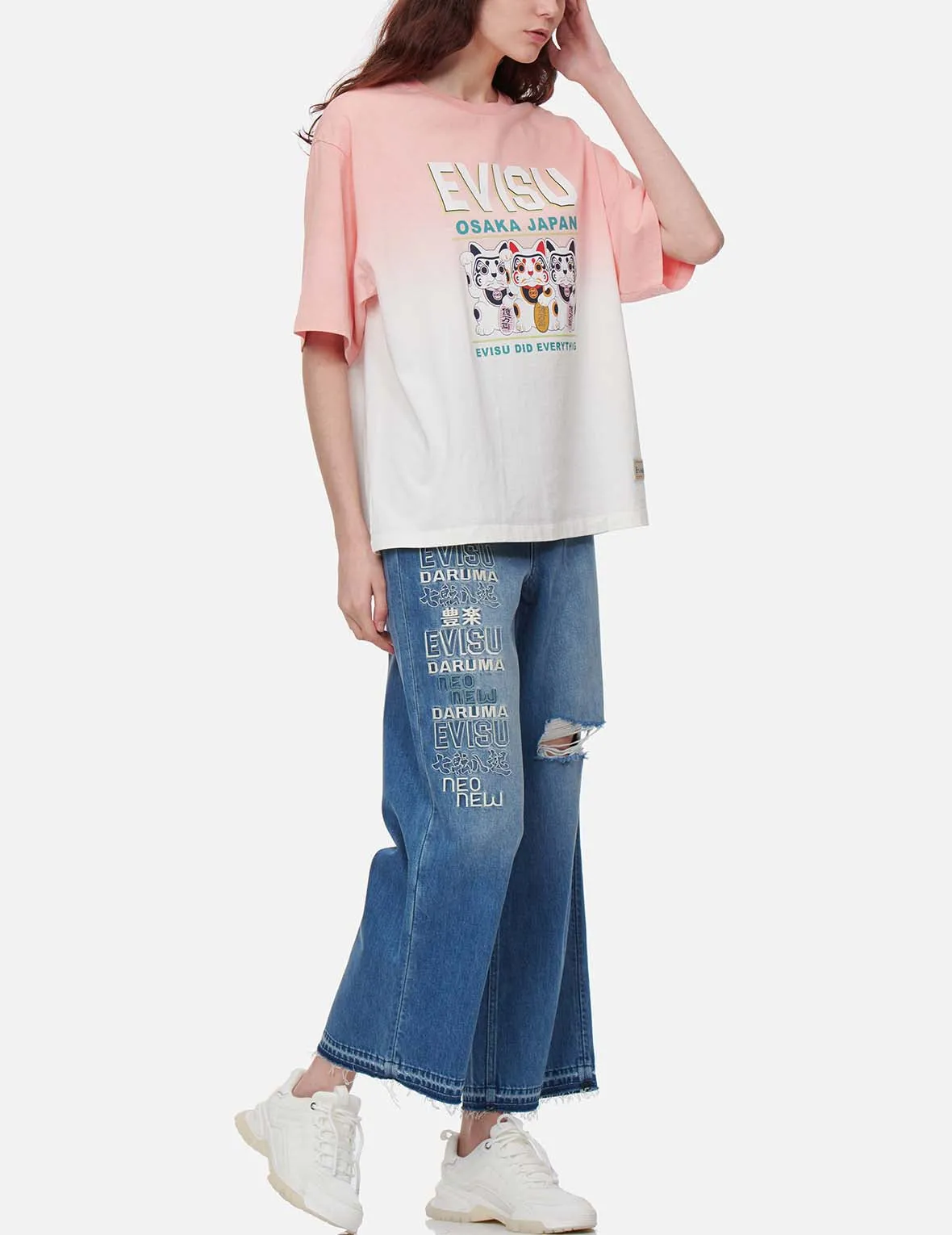 Daruma-pattern Seagull Print High-waist Loost Fit Jeans