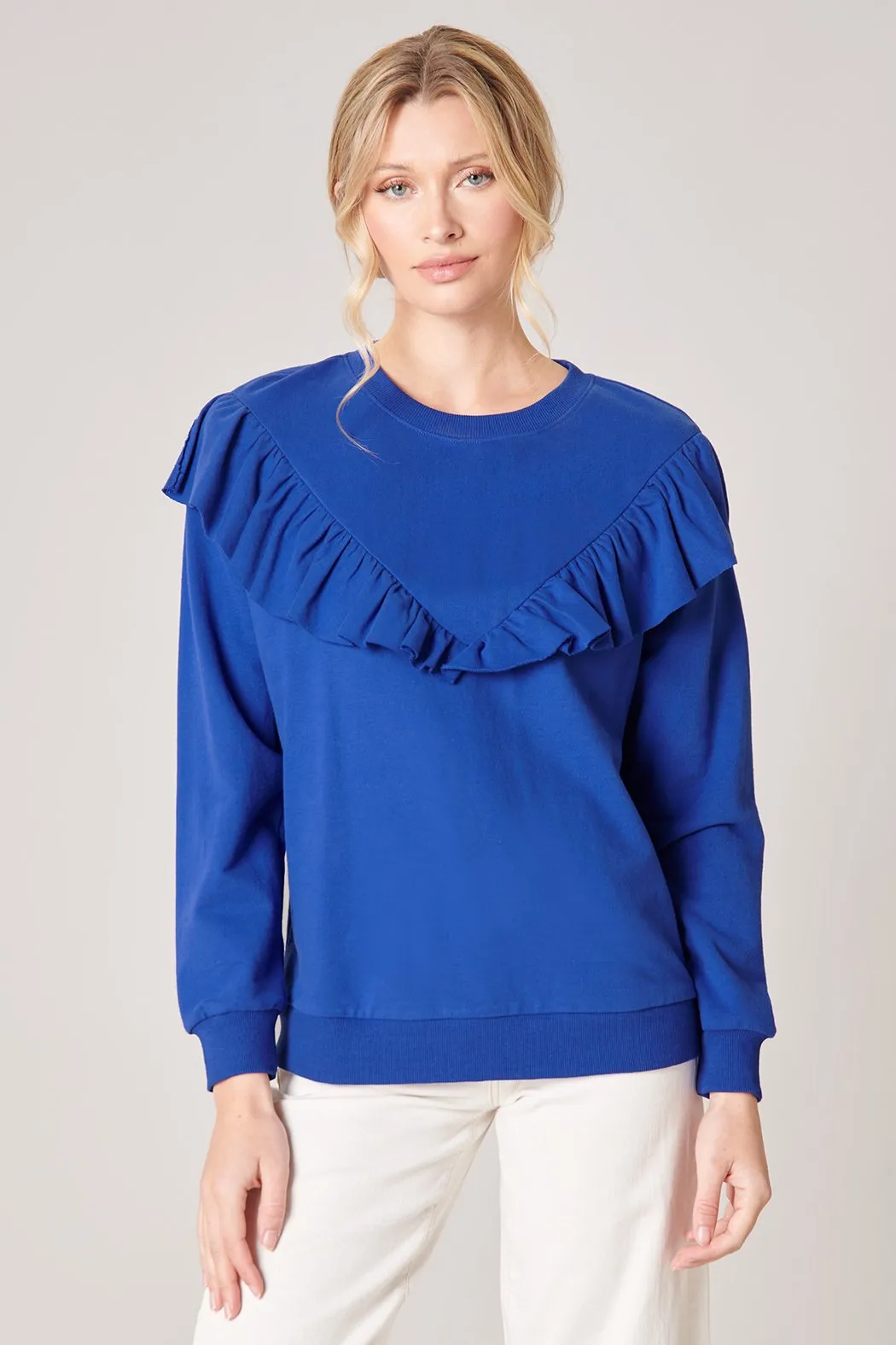 Deanna French Terry Knit Raw Edge Ruffle Sweatshirt