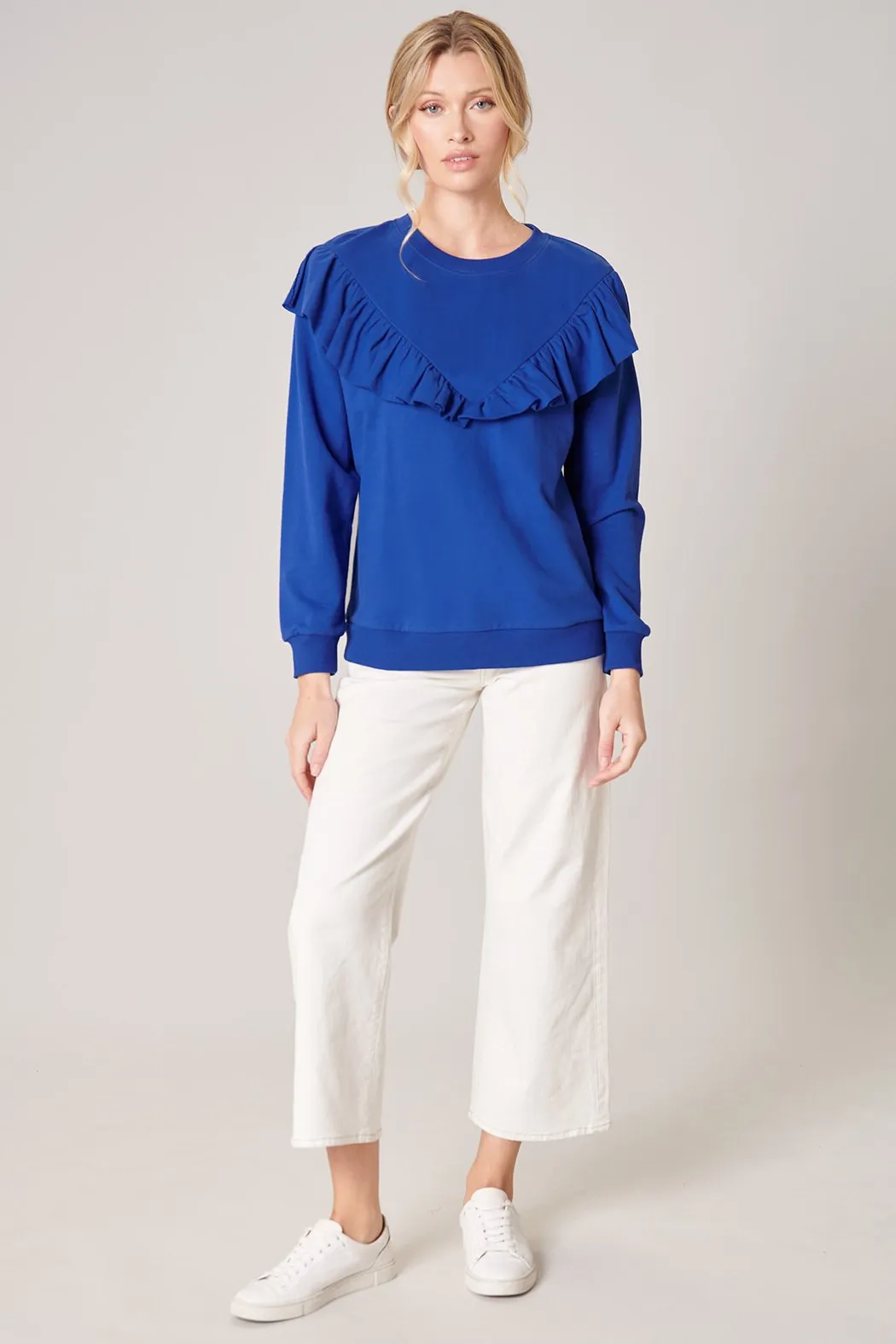 Deanna French Terry Knit Raw Edge Ruffle Sweatshirt