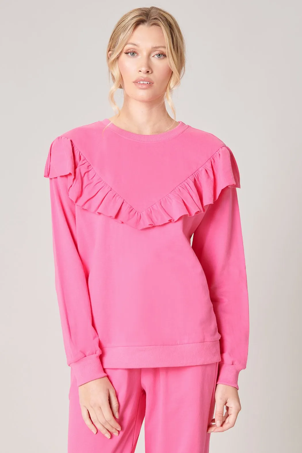 Deanna French Terry Knit Raw Edge Ruffle Sweatshirt