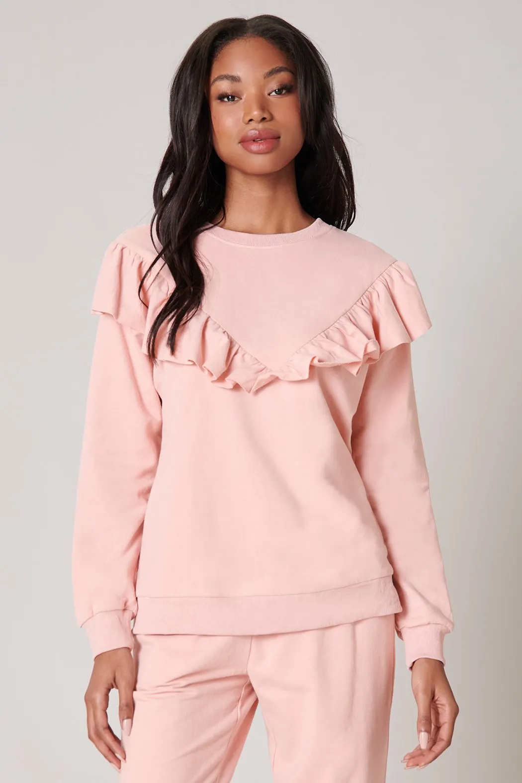 Deanna French Terry Knit Raw Edge Ruffle Sweatshirt