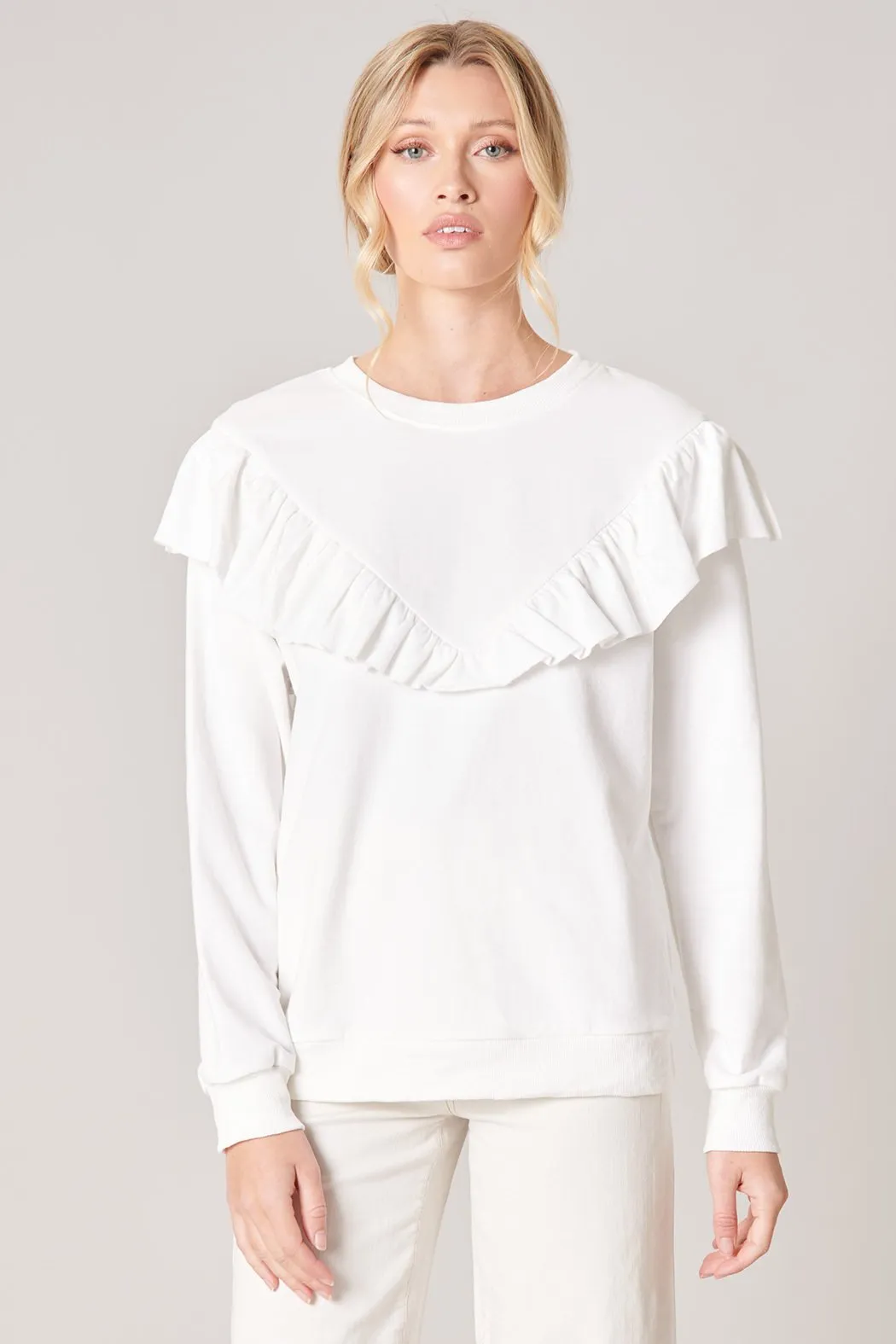 Deanna French Terry Knit Raw Edge Ruffle Sweatshirt