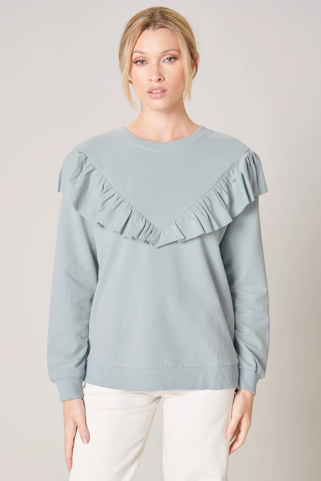 Deanna French Terry Knit Raw Edge Ruffle Sweatshirt