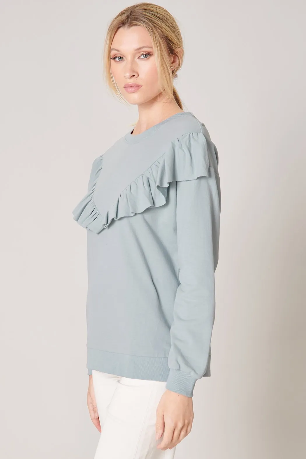 Deanna French Terry Knit Raw Edge Ruffle Sweatshirt