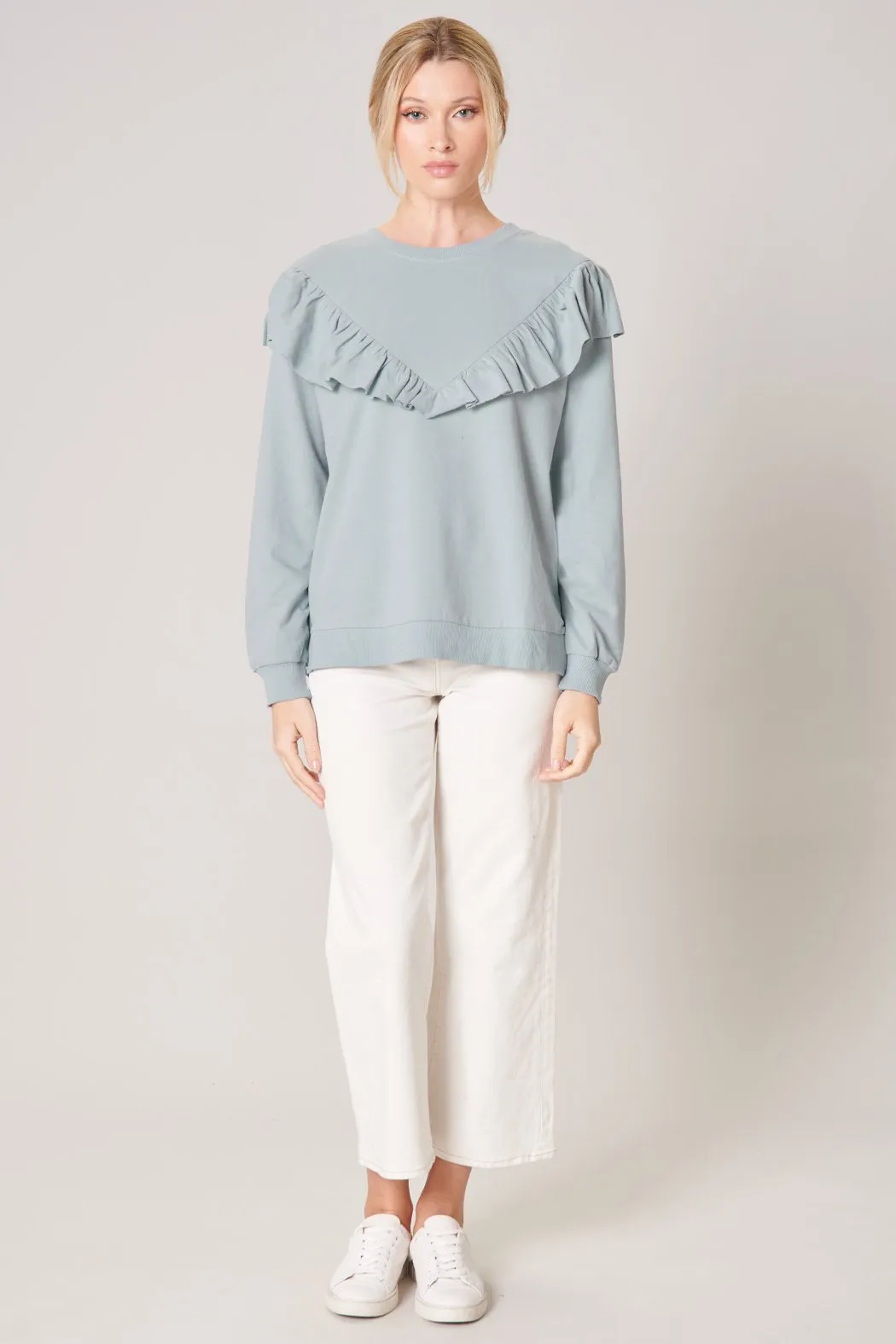 Deanna French Terry Knit Raw Edge Ruffle Sweatshirt