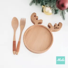 【Deer】Wood Tableware Set 櫸木刻字餐碟餐具套裝 (3-5個工作天完成)