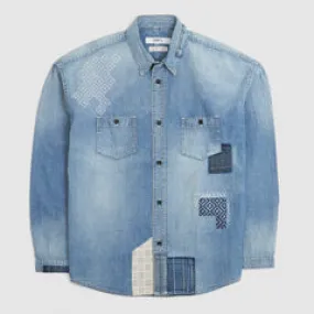 Denim Patchwork Jeans Shirt with Sashiko Embroidery by FDMTL