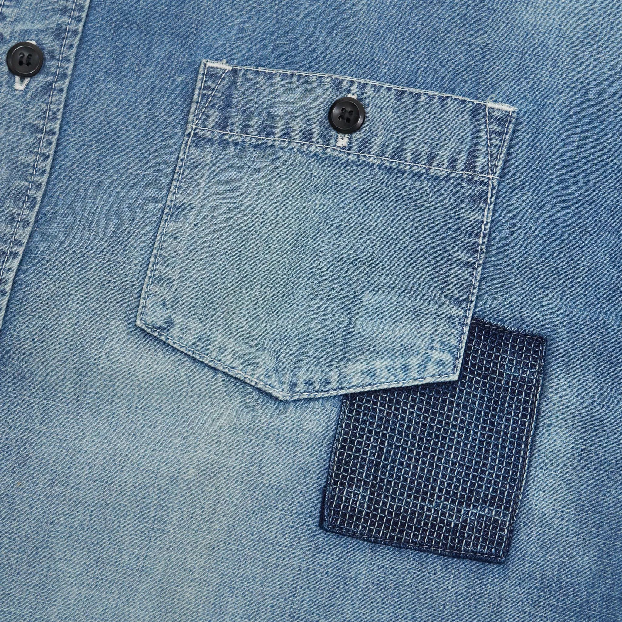 Denim Patchwork Jeans Shirt with Sashiko Embroidery by FDMTL