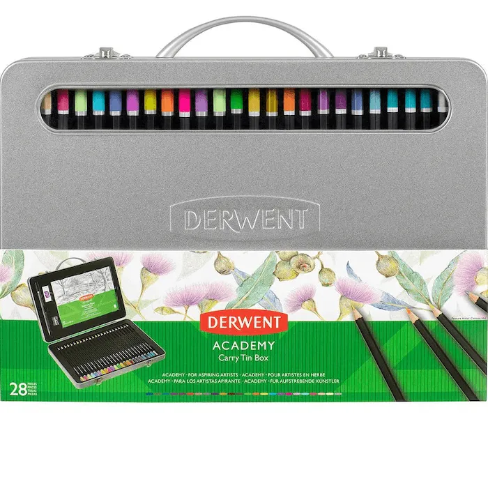 Derwent 28 Academy Coloured Pencils Set + Paper Pad Sharpener Eraser Tin Box