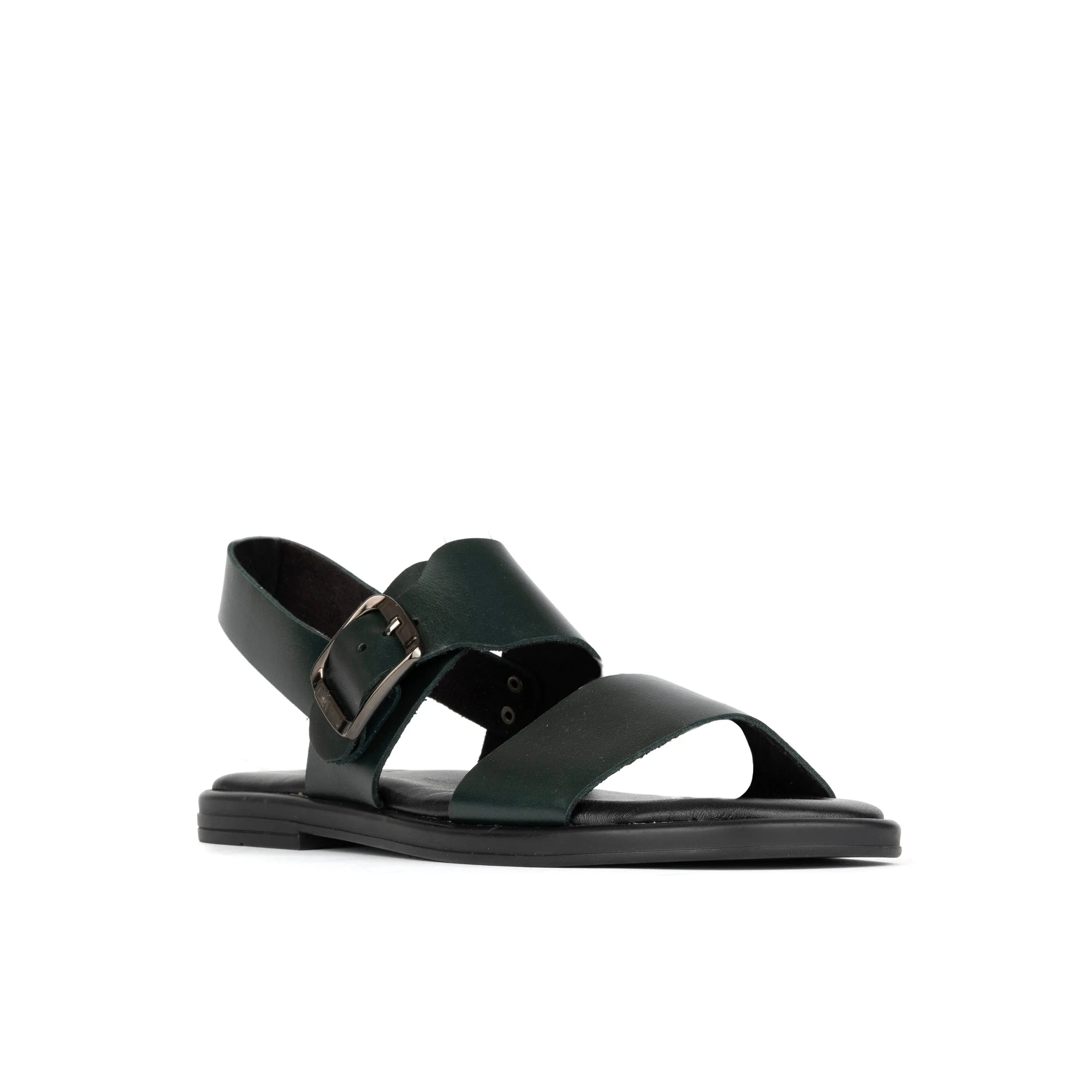 DIXON DARK GREEN - Women's flat wide double strap leather sandal