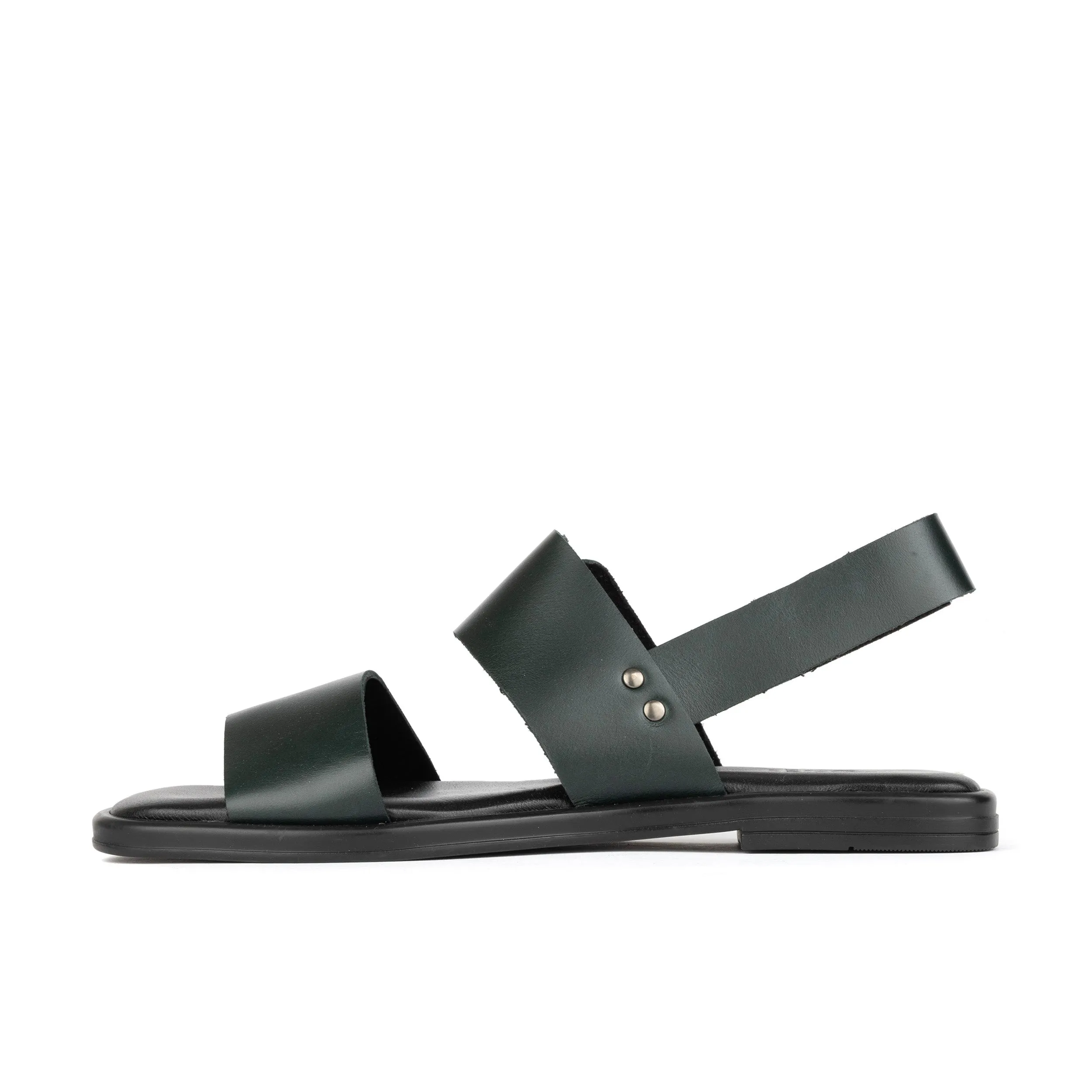 DIXON DARK GREEN - Women's flat wide double strap leather sandal