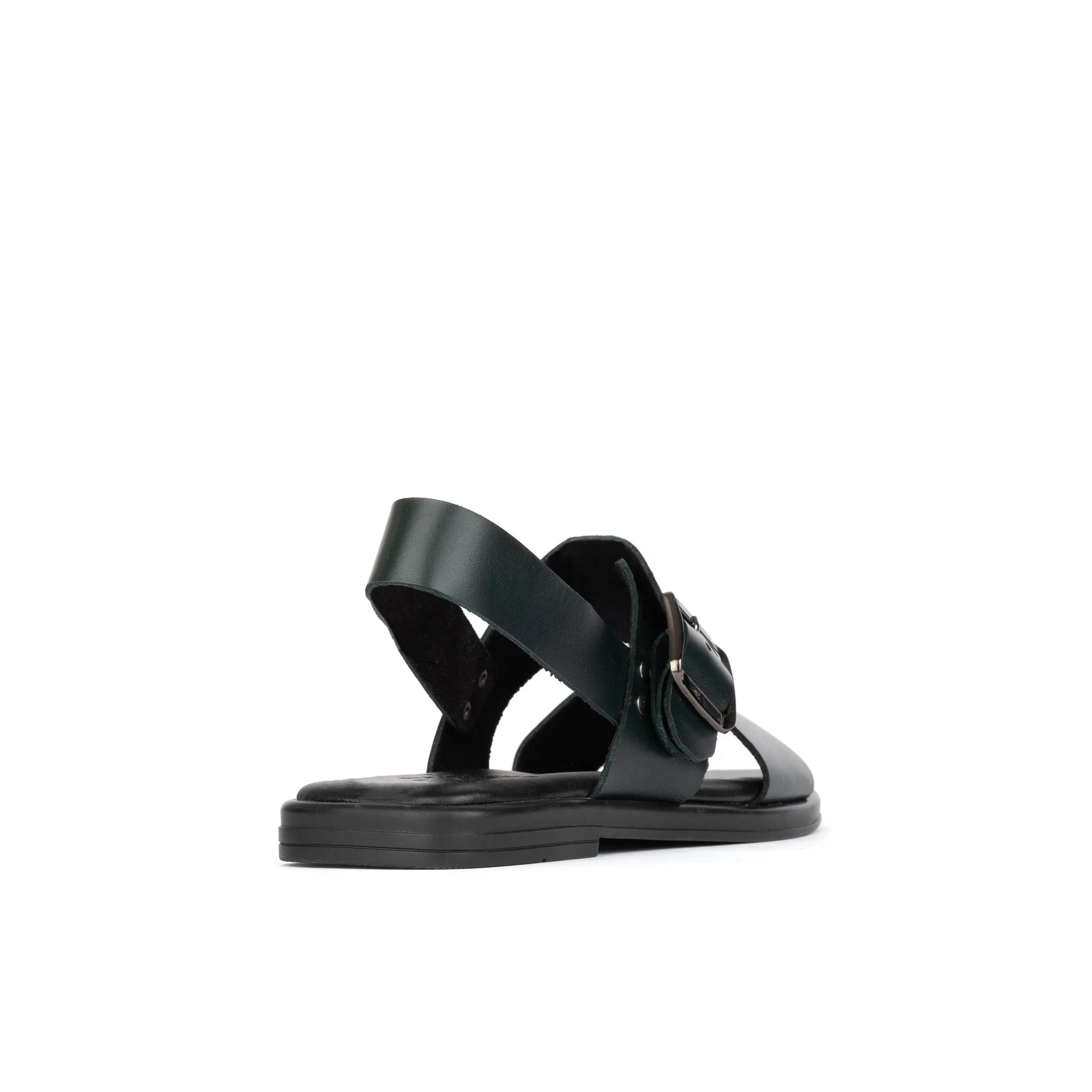 DIXON DARK GREEN - Women's flat wide double strap leather sandal