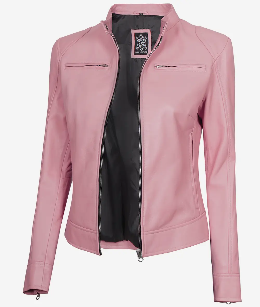 Dodge Light Pink Cafe Racer Leather Jacket for Women