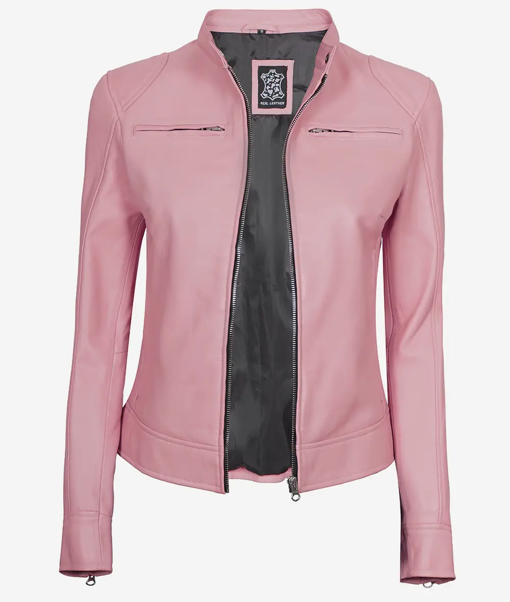 Dodge Light Pink Cafe Racer Leather Jacket for Women