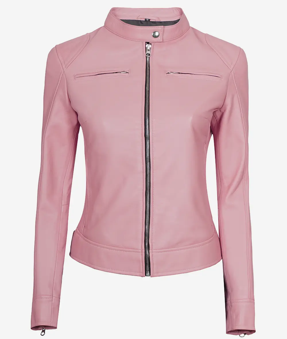 Dodge Light Pink Cafe Racer Leather Jacket for Women