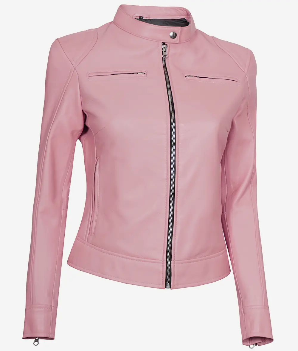 Dodge Light Pink Cafe Racer Leather Jacket for Women