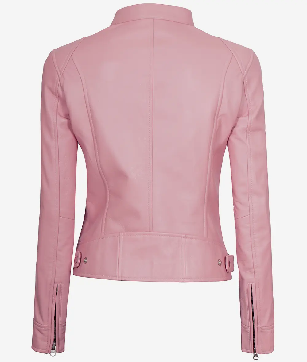 Dodge Light Pink Cafe Racer Leather Jacket for Women