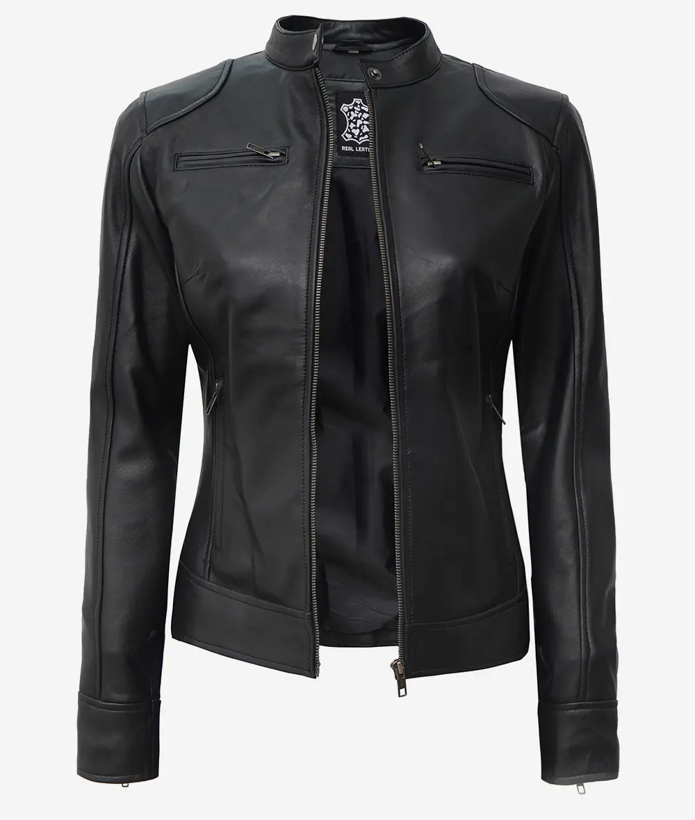 Dodge Womens  Black Real Leather Cafe Racer Jacket [Petite]