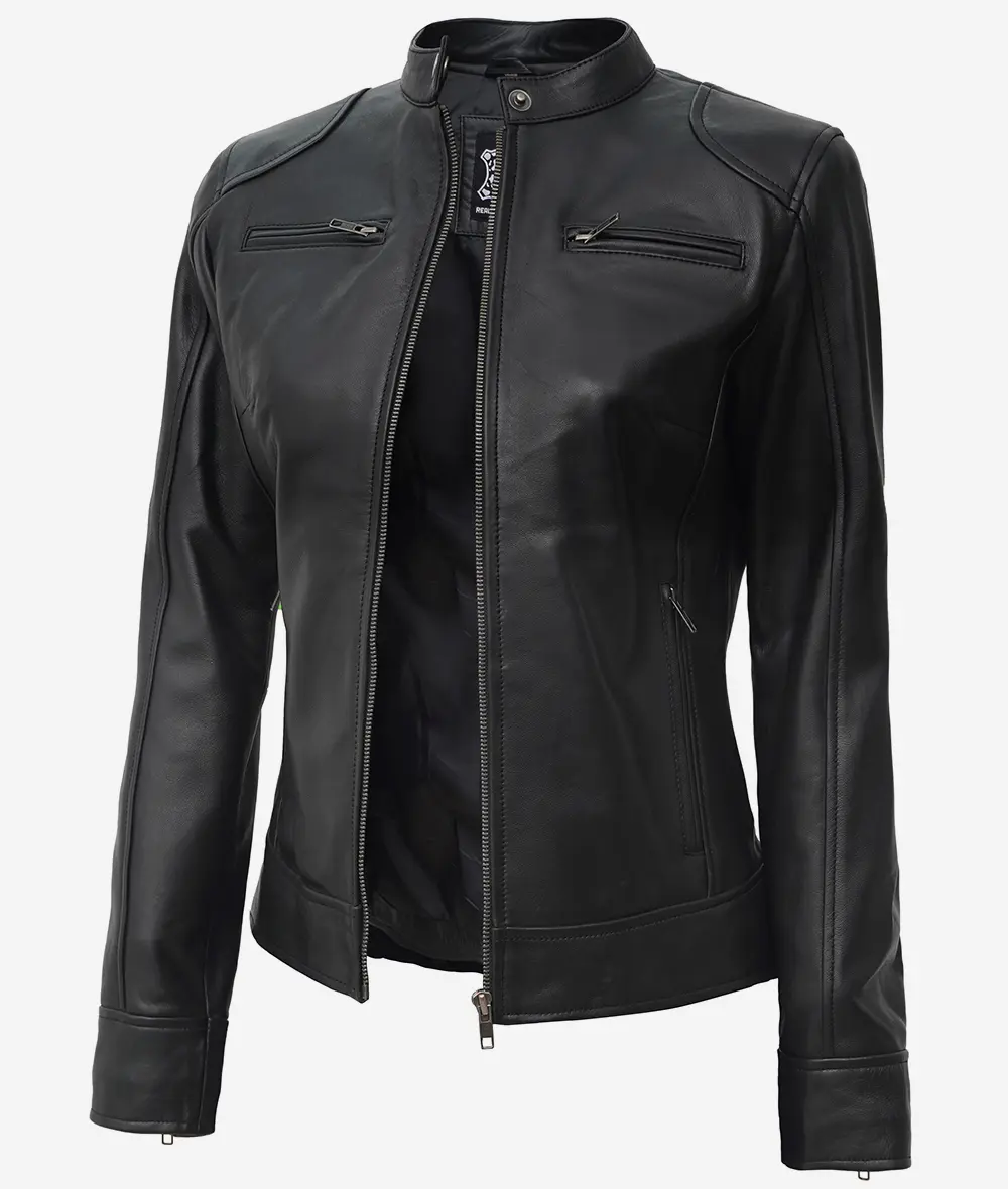 Dodge Womens  Black Real Leather Cafe Racer Jacket [Petite]