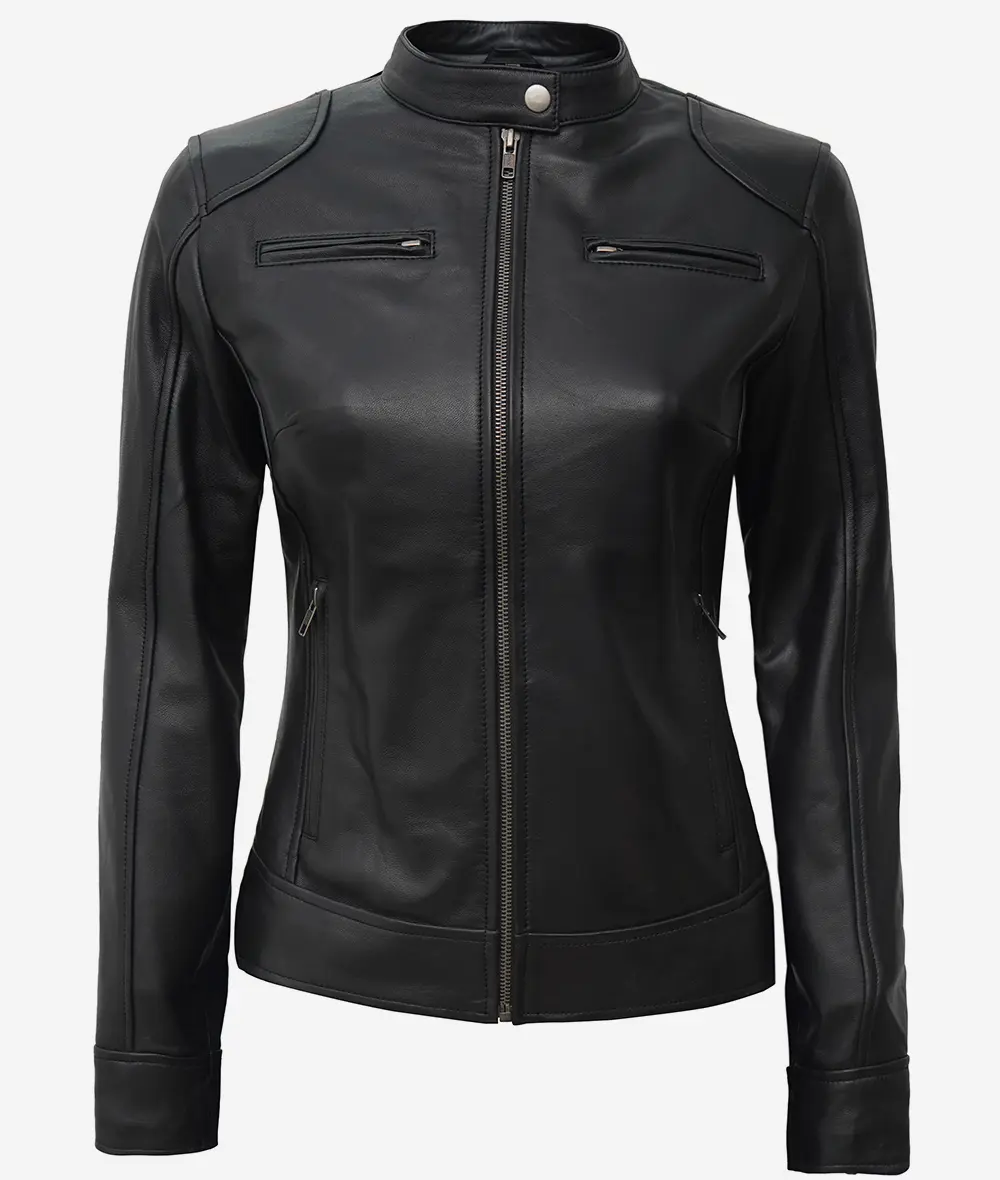 Dodge Womens  Black Real Leather Cafe Racer Jacket [Petite]