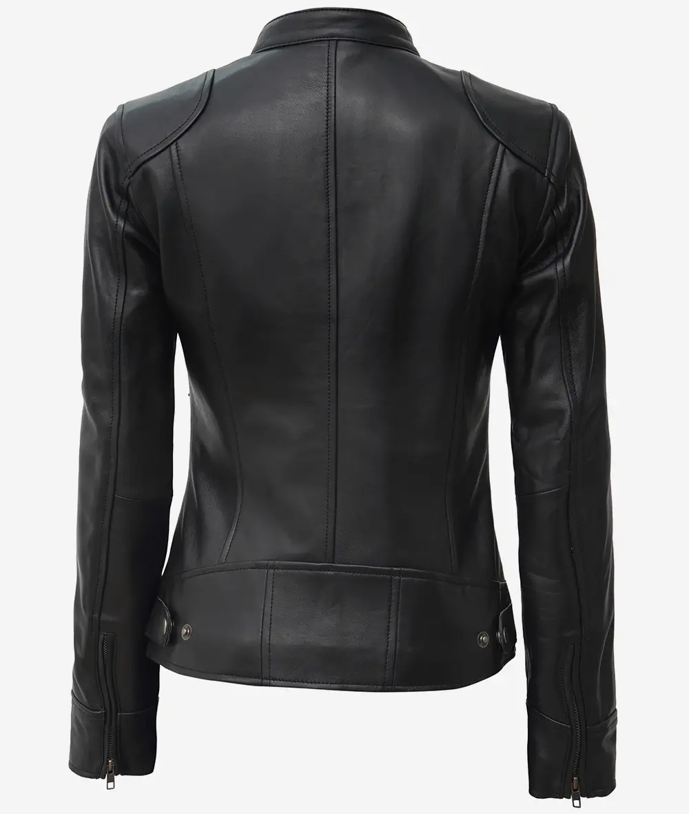 Dodge Womens  Black Real Leather Cafe Racer Jacket [Petite]