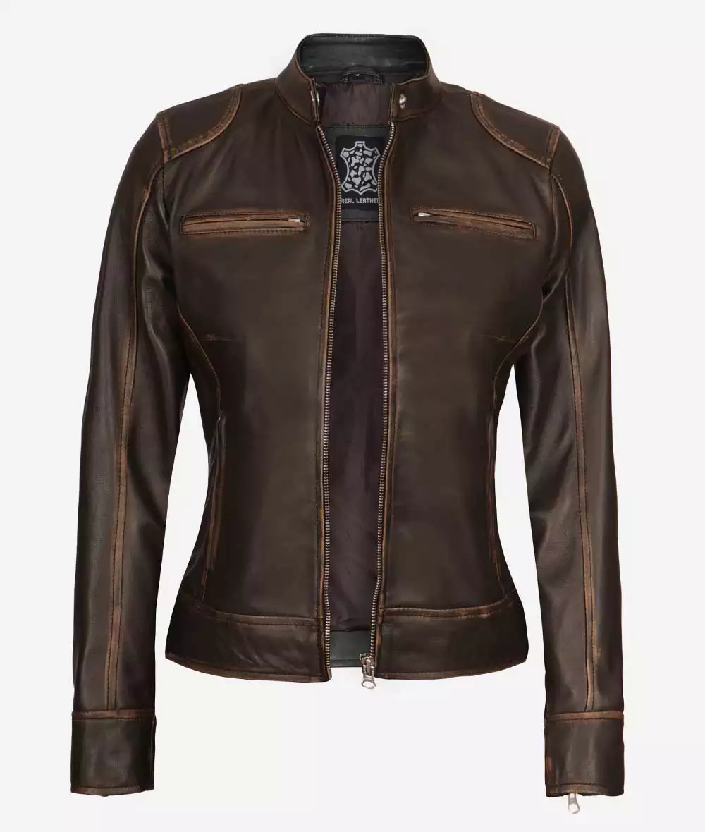 Dodge Womens Dark Brown Cafe Racer Leather Jacket