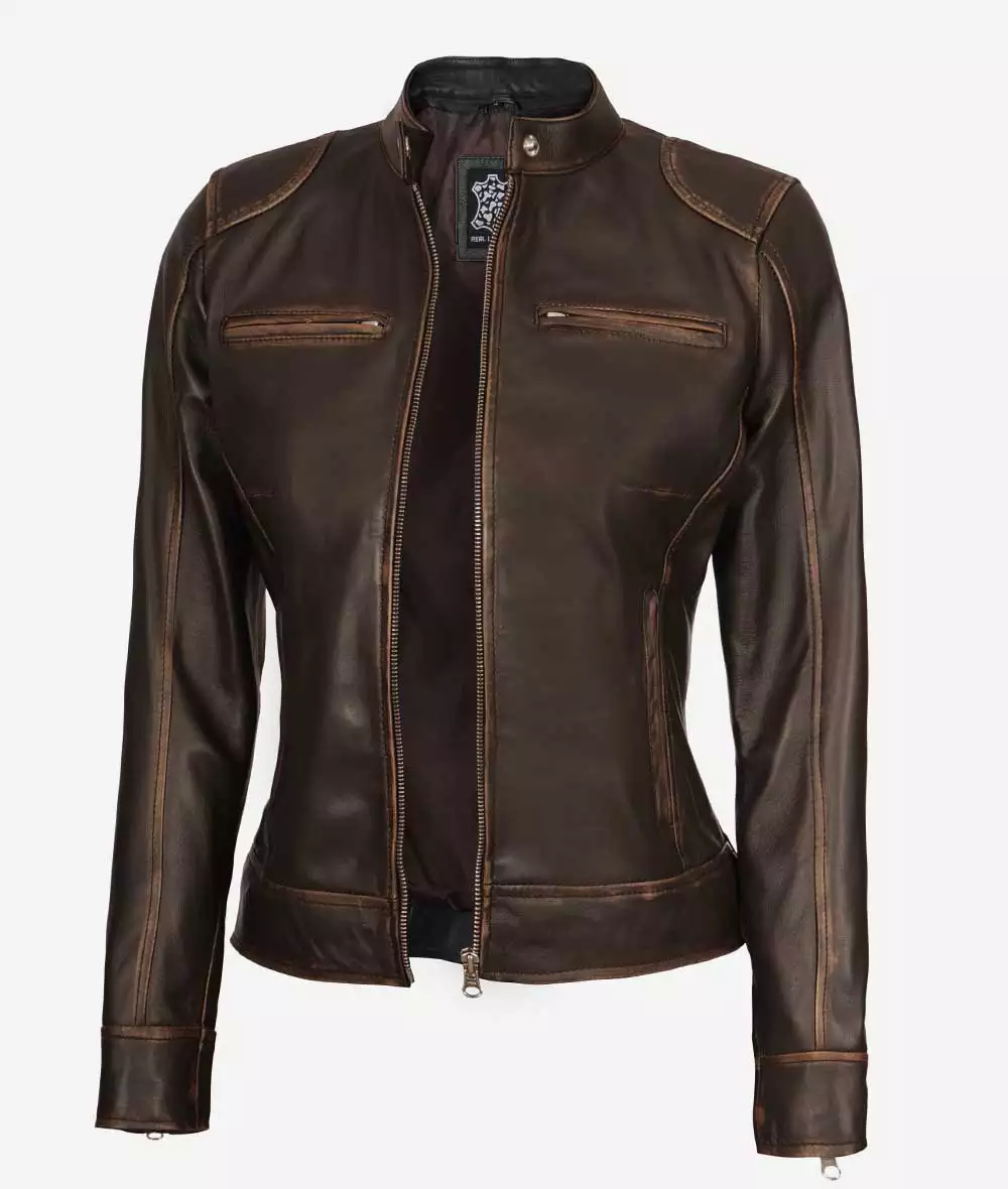 Dodge Womens Dark Brown Cafe Racer Leather Jacket