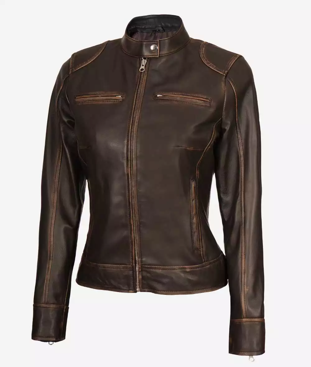 Dodge Womens Dark Brown Cafe Racer Leather Jacket