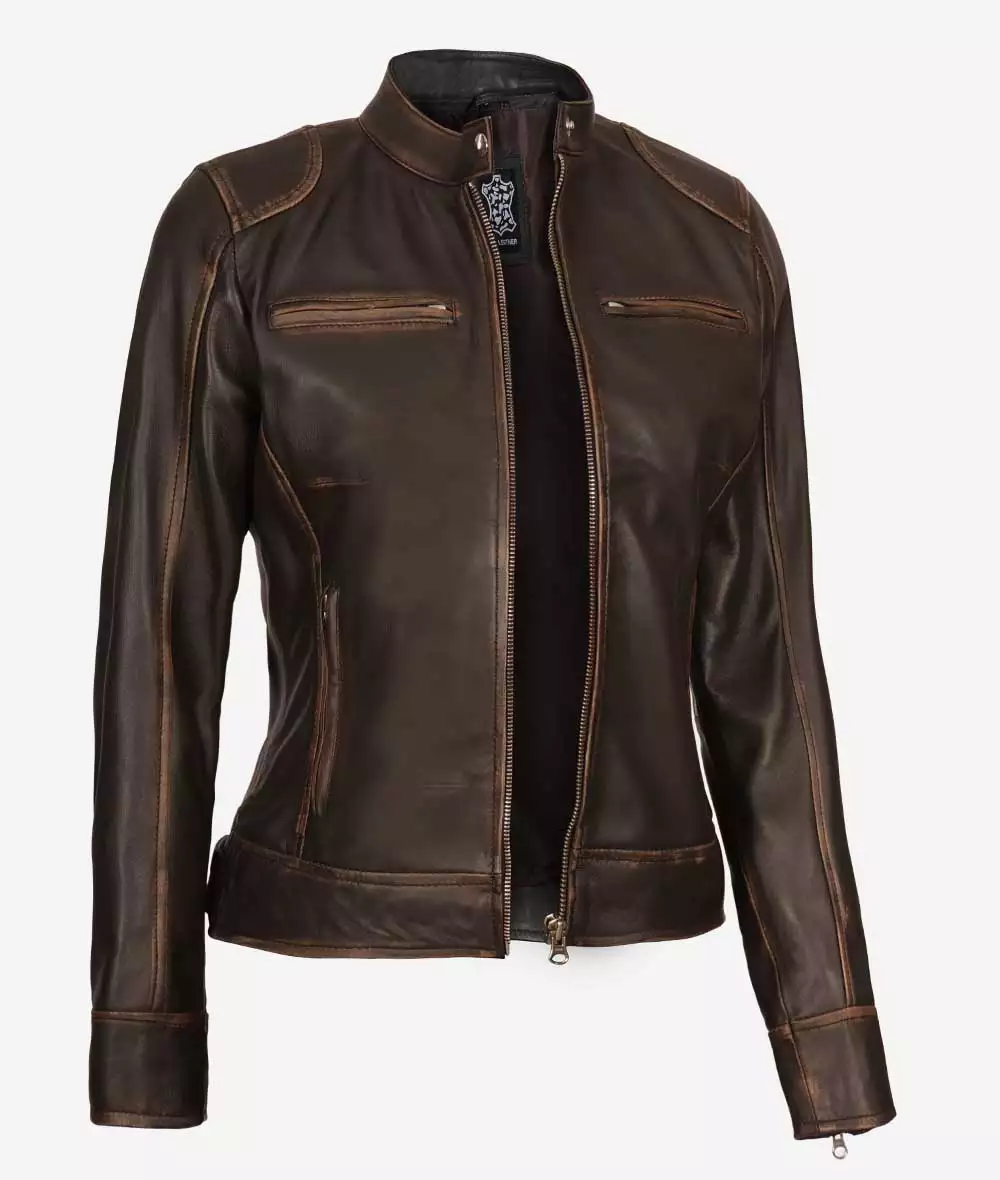 Dodge Womens Dark Brown Cafe Racer Leather Jacket