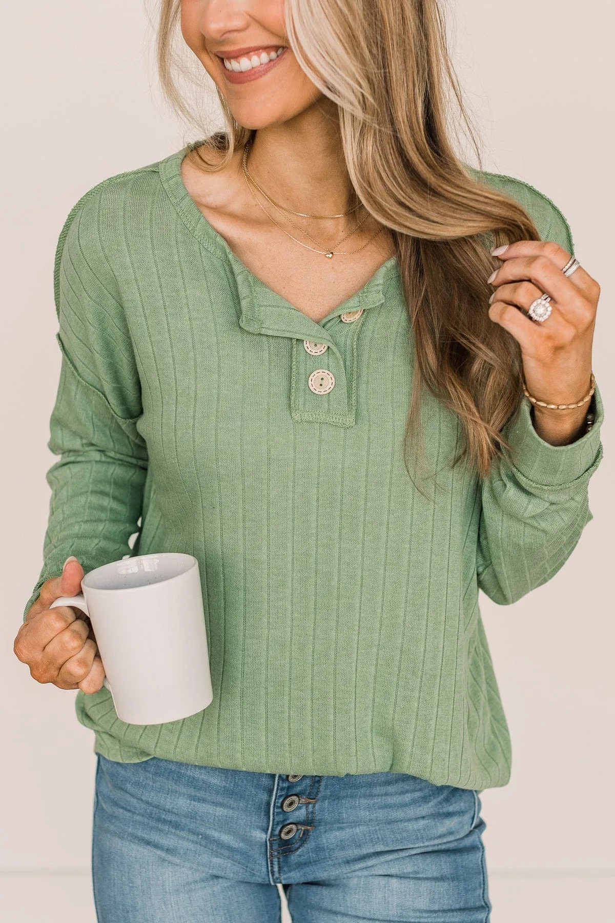 Green Button Knit Top